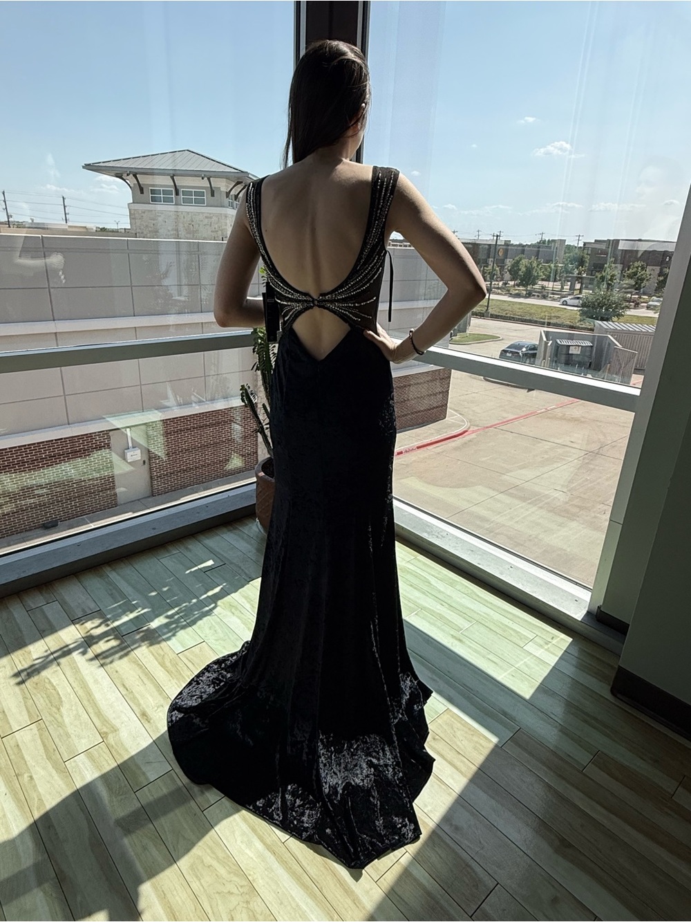 Black Crushed Velvet Evening Gown with Embellished Straps